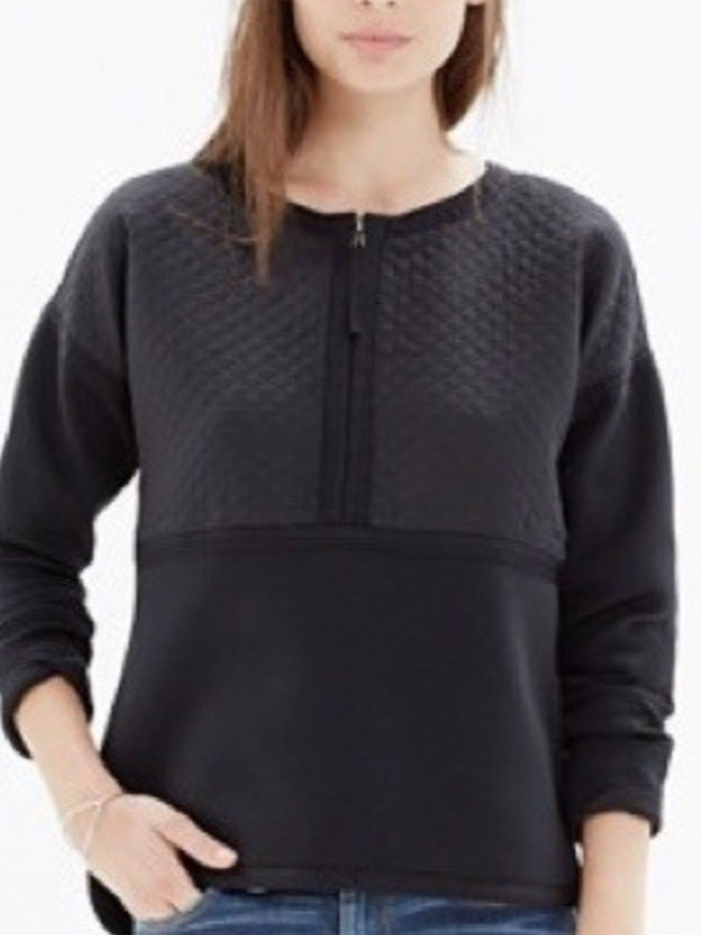 Madewell Black Quilt-Panel Pullover Long Sleeve Women Sz S RUNS BIG May Fit M-L